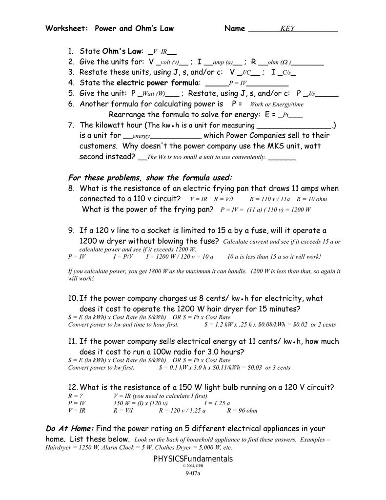 20-20a - Key - Worksheet With Electrical Power Worksheet Answers