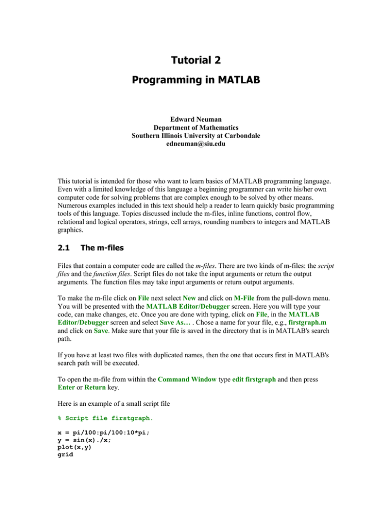 Tutorial 2 Programming In MATLAB