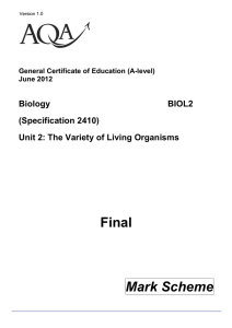 GCE Biology Mark Scheme Unit 02 - The variety of living organiMSs