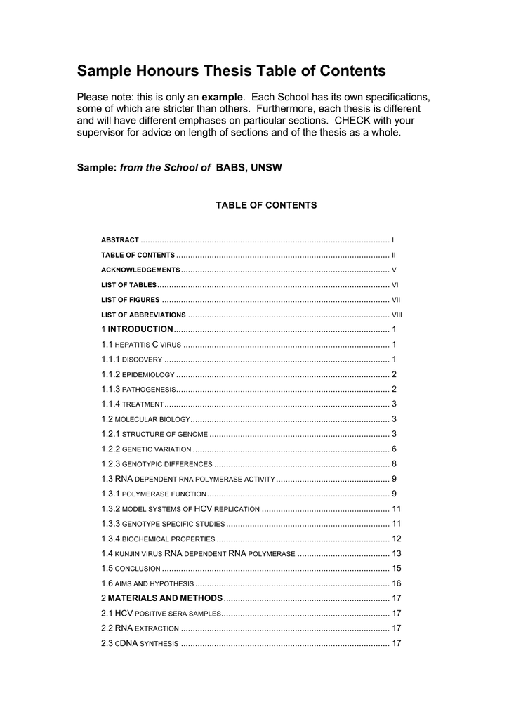 Sample Honours Thesis Table Of Contents
