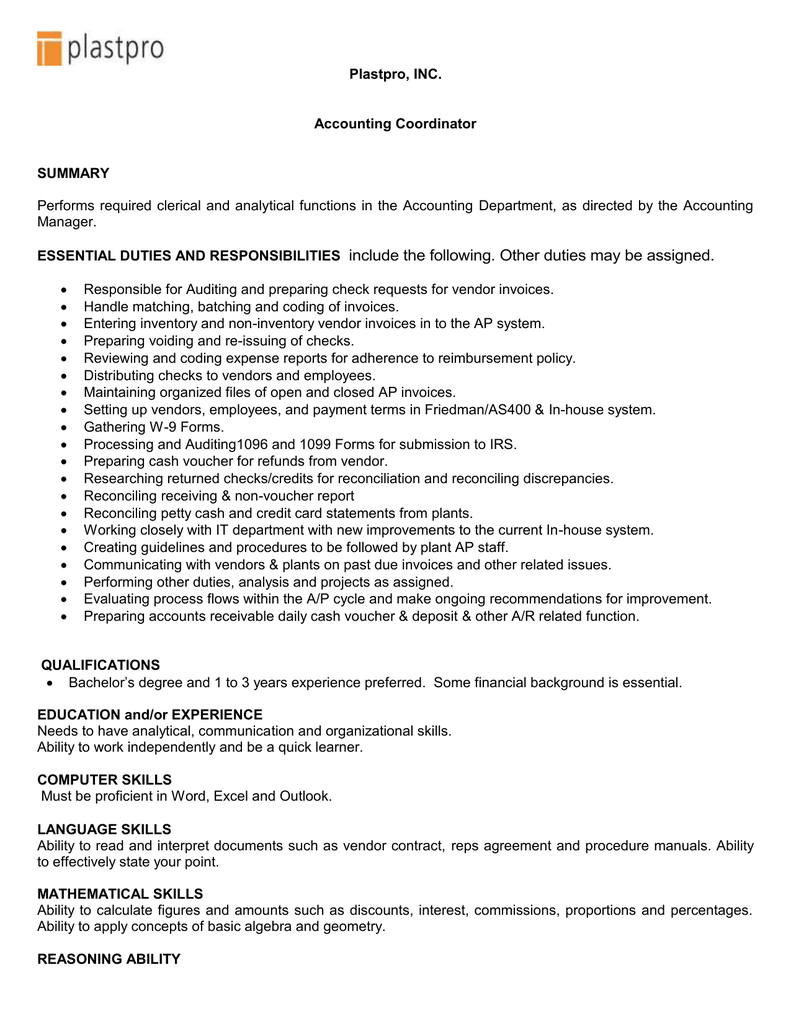 ESSENTIAL DUTIES AND RESPONSIBILITIES Include The Following