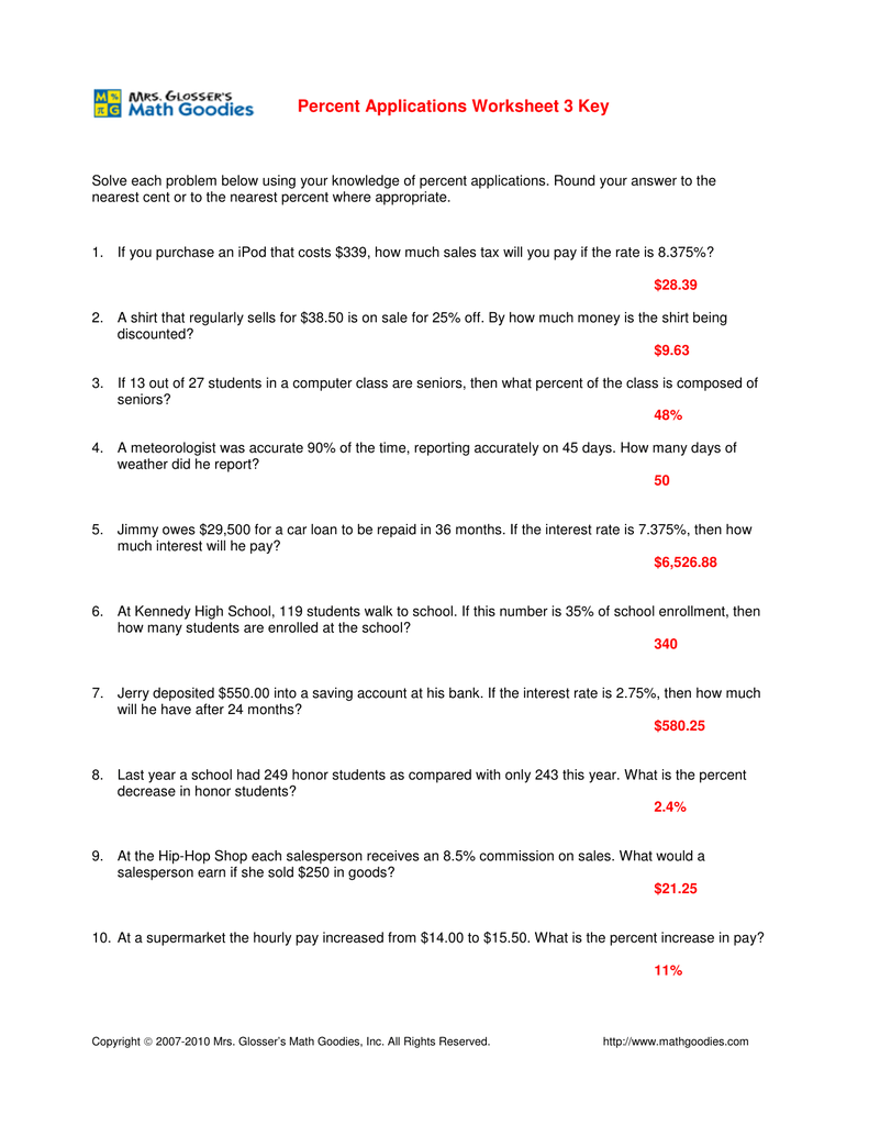 Percent Applications Worksheet 3 Key