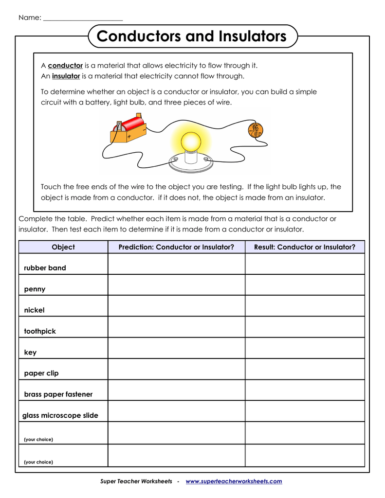 Conductors And Insulators Worksheet E Street Light