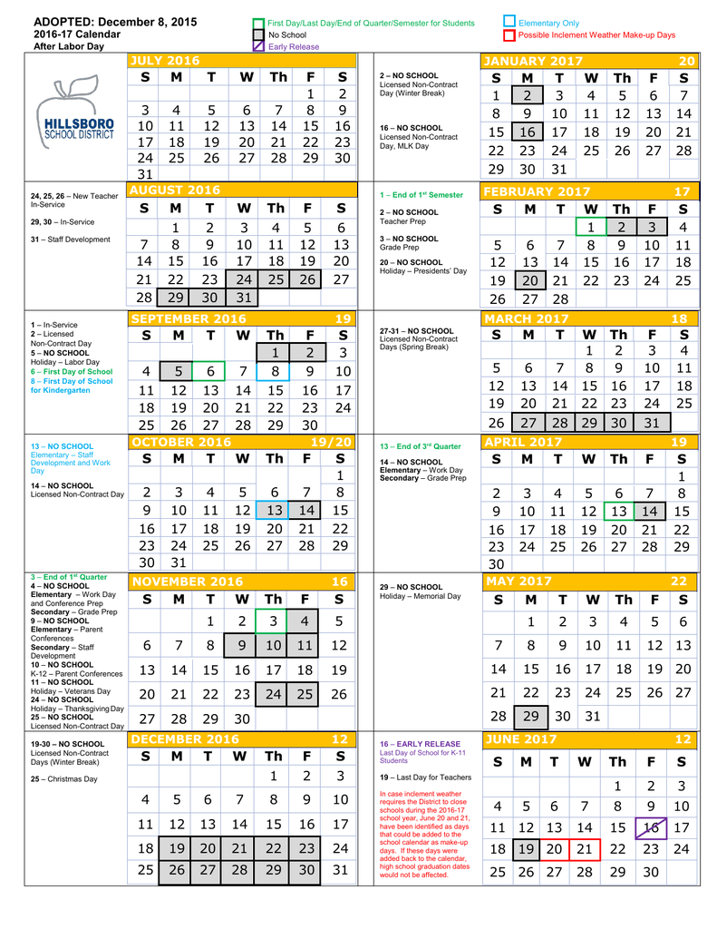 201617 District Calendar Hillsboro School District