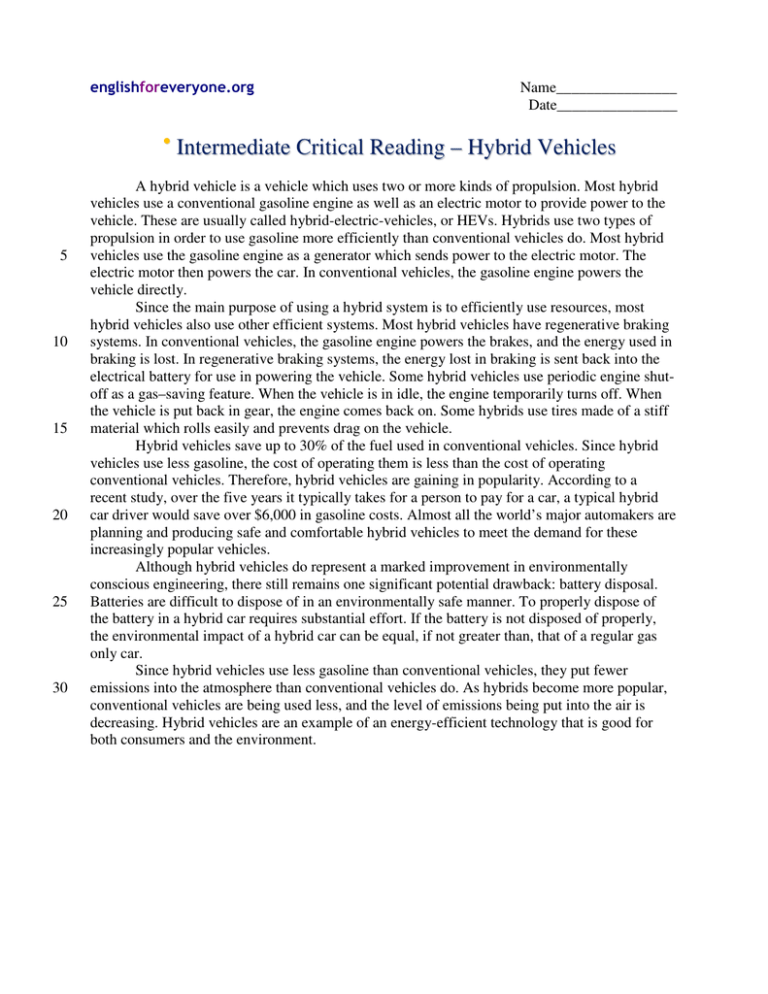 Intermediate Critical Reading Hybrid Vehicles