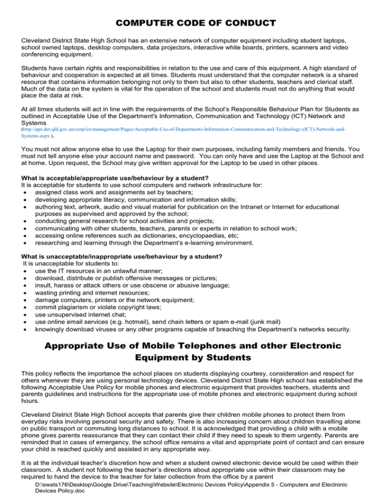 COMPUTER CODE OF CONDUCT Appropriate Use Of Mobile