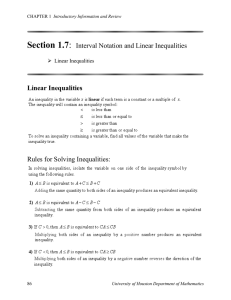 Interval Notation and Linear Inequalities - UH