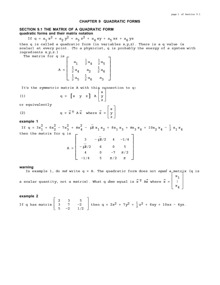 9 1 Matrix Of A Quad Form