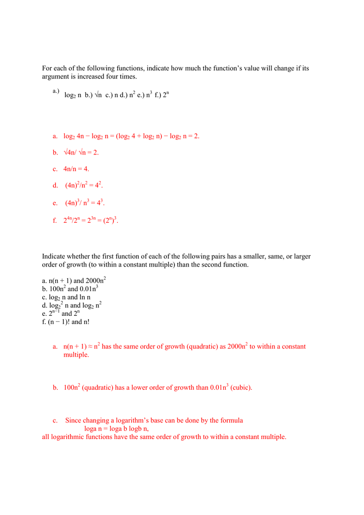 For Each Of The Following Functions Indicate How Much The Function S