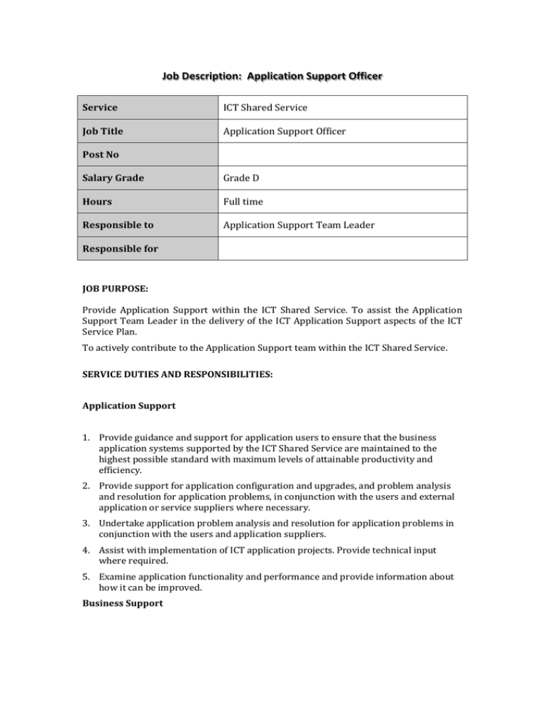 Job Description Application Support Officer