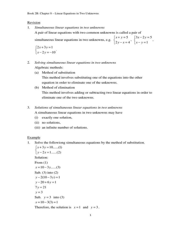 Revision 1 Simultaneous Linear Equations In Two Unknowns A Pair