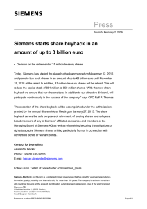 Siemens starts share buyback in an amount of up to 3 billion euro