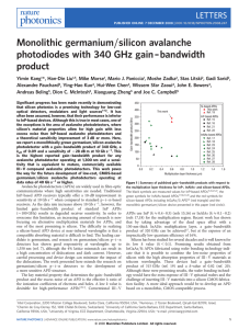 Monolithic germanium/silicon avalanche photodiodes with 340 GHz