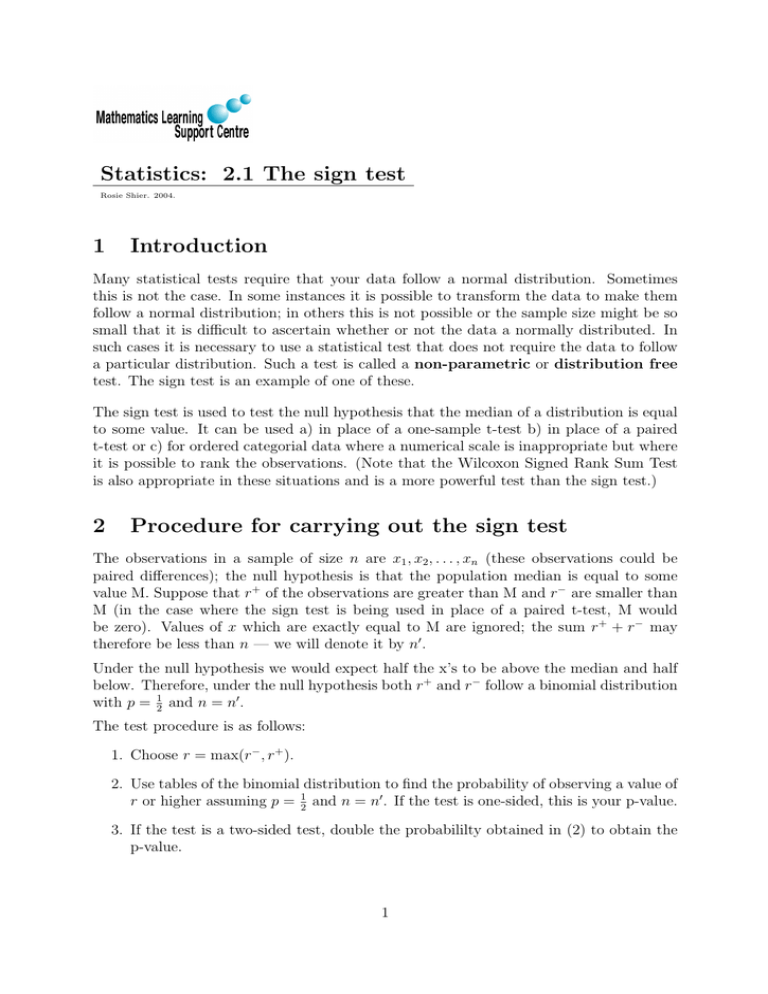 Sign Test Table Example