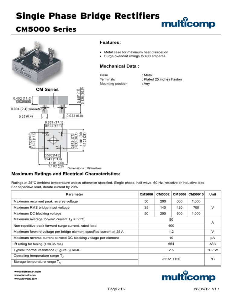 5A urmax Single Phase Bridge Rectifier if 1kV IFSM 150A B500C5000A einphase 