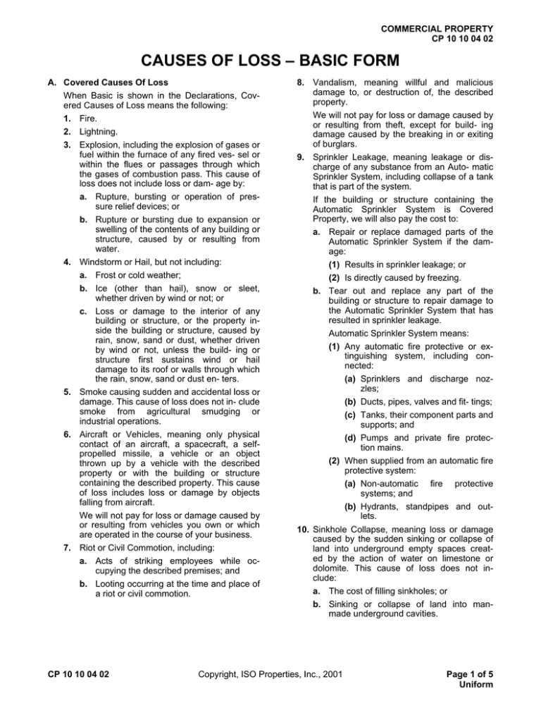 causes of loss basic form