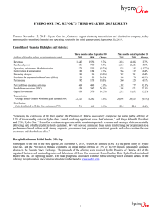 Hydro One Inc 3Q 2015 Results