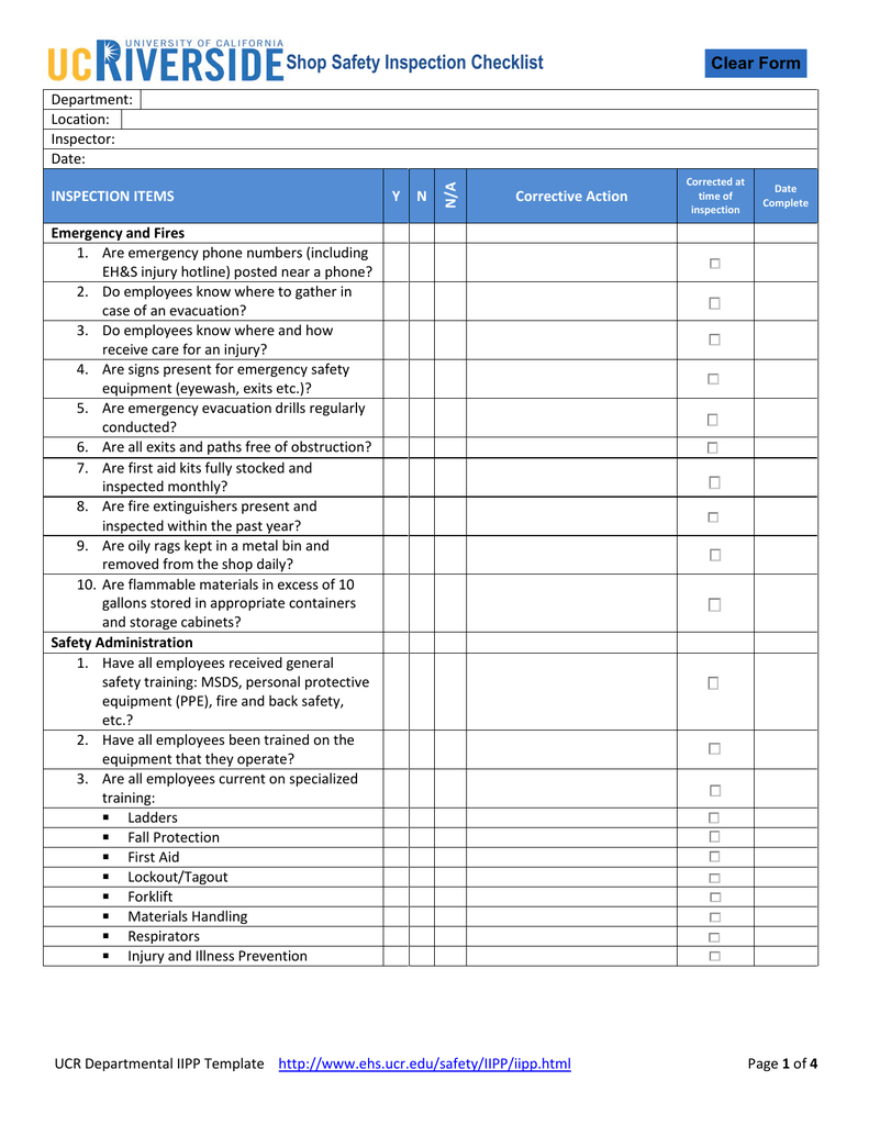 Shop Safety Inspection Checklist Pertaining To Machine Shop Inspection Report Template