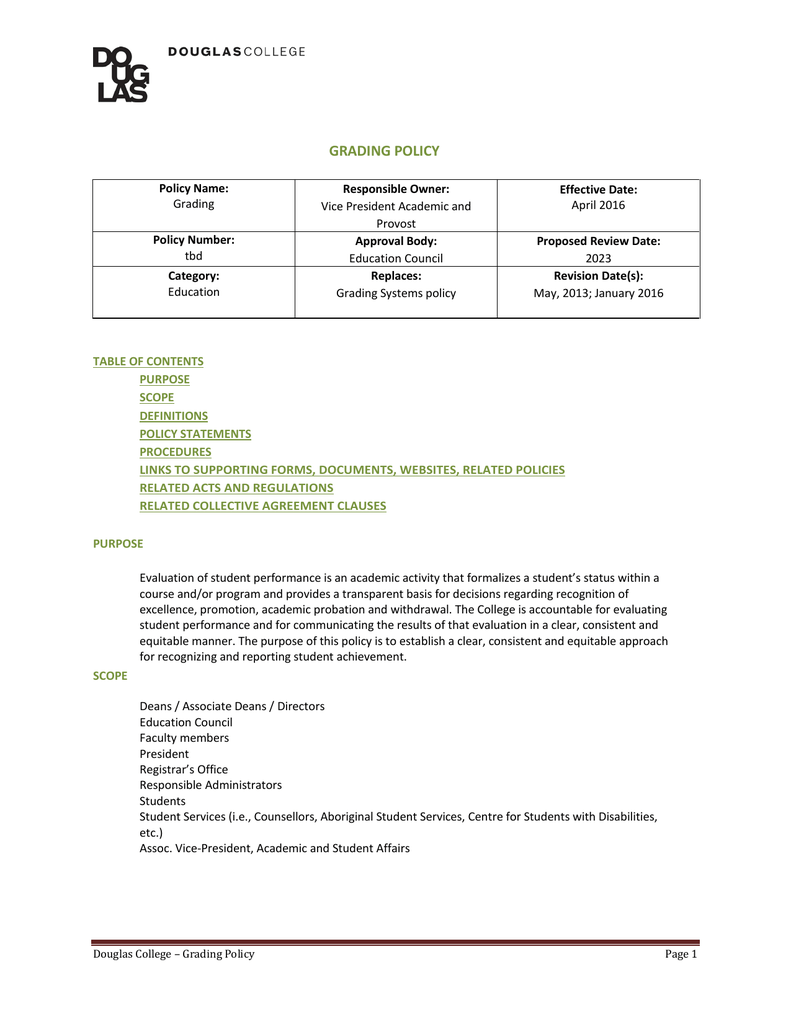 Grading Policy Douglas College