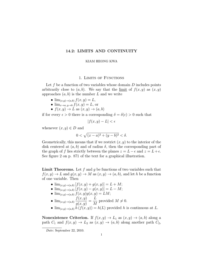 14 2 Limits And Continuity 1 Limits Of Functions Let F Be A