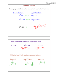 Exponential Form 32 = 9 3-2 = 1/9 Logarithmic Form log39 = 2 log3