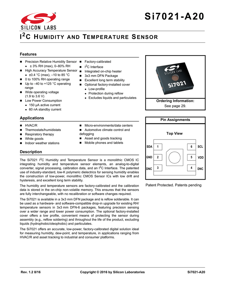 Si7021-A20 Data Sheet -- I2C Humidity And Temperature Sensor