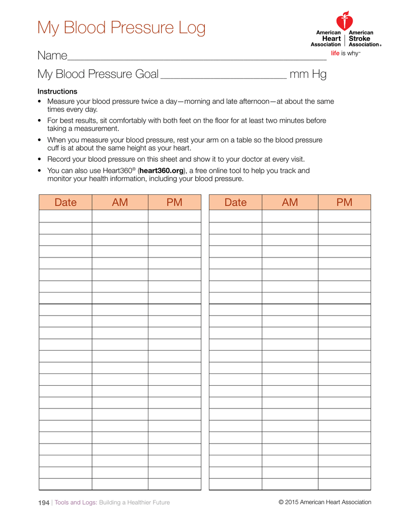 My Blood Pressure Log American Heart Association