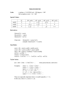 TRIGONOMETRY Units: π radians ≅ 3.14159265 rad = 180 degrees