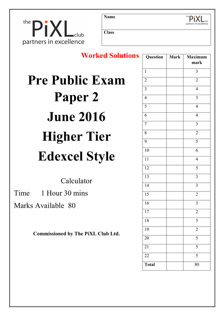 Pre Public Exam Paper 2 June 2016 Higher Tier Edexcel Style