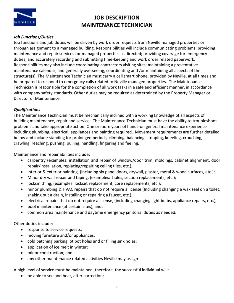 Property Management Maintenance Technician Job Description - Become a Maintenance Technician - Career in Machinery ... : The maintenance technician will be responsible for performing general maintenance and repairs on property fixtures and fittings and general grounds maintenance to ensure the building.