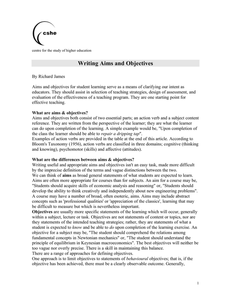 Writing Aims And Objectives Melbourne CSHE
