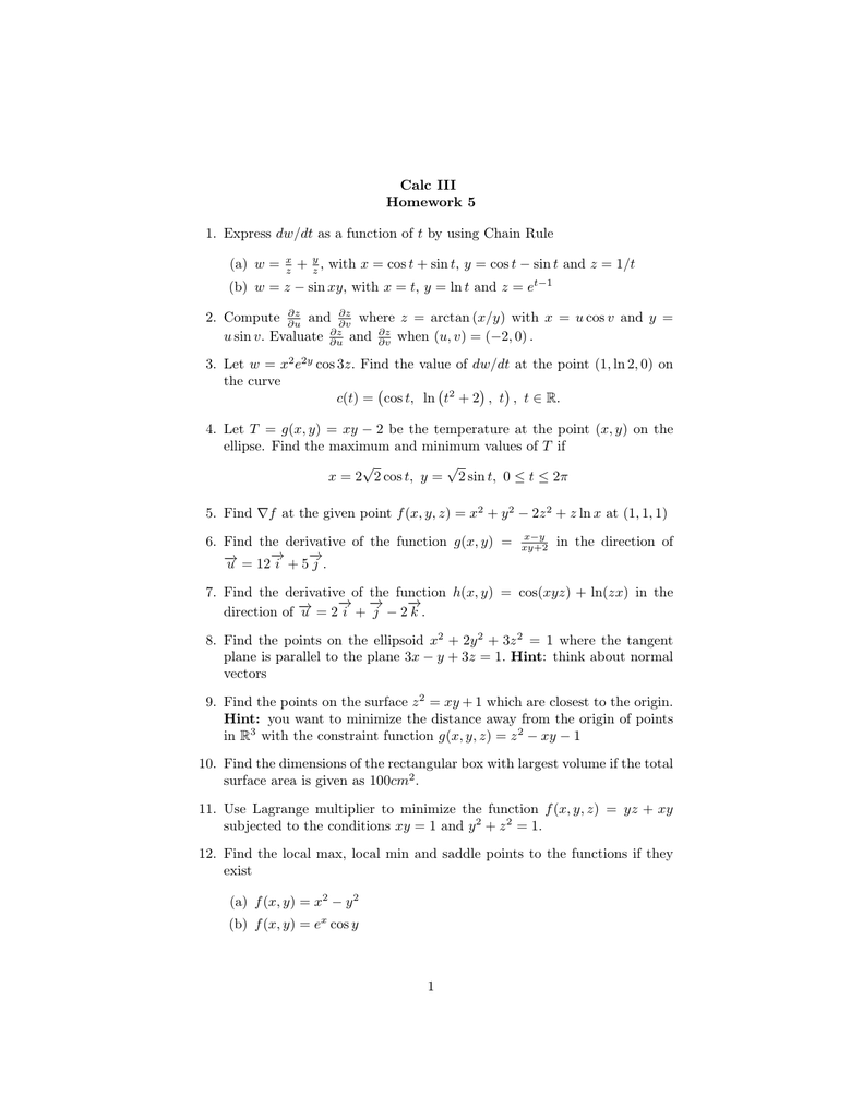 Calc Iii Homework 5 1 Express Dw Dt As A Function Of T By Using