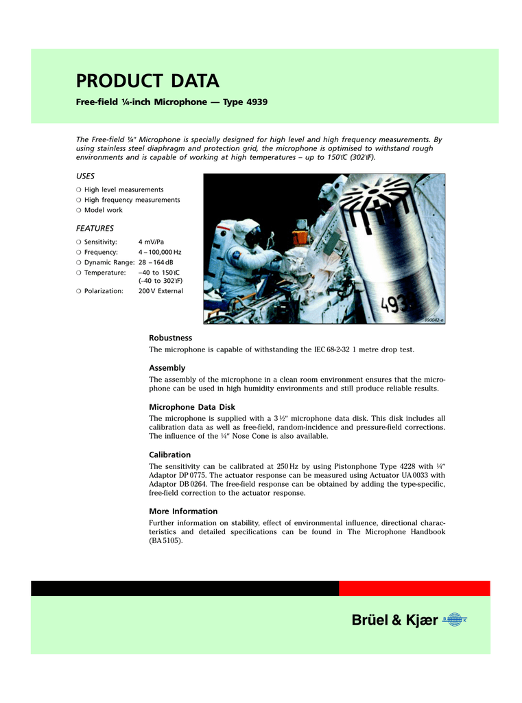 Product Data Sheet Free Field Inch Microphone Type 4939