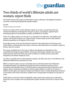 Two-thirds of world`s illiterate adults are women, report finds