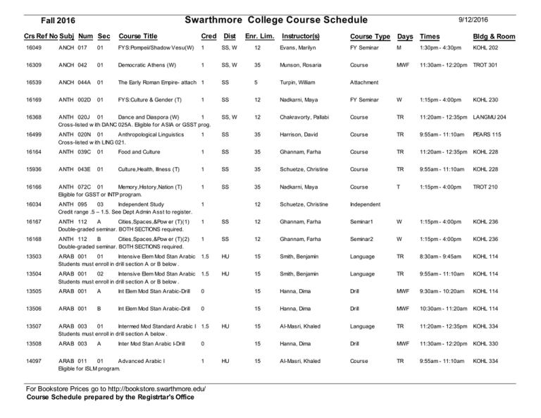 Swarthmore College Course Schedule