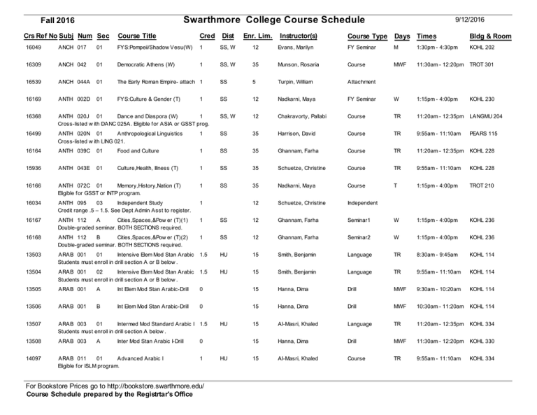 Swarthmore College Course Schedule Swarthmore College Course Schedule