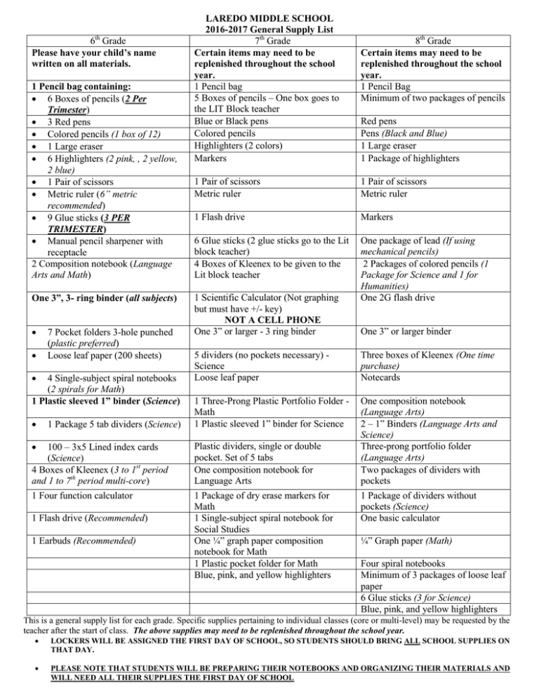 LAREDO MIDDLE SCHOOL 2016-2017 General Supply List 6th