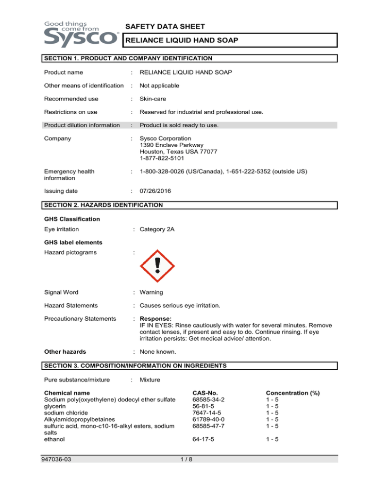 safety data sheet reliance liquid hand soap