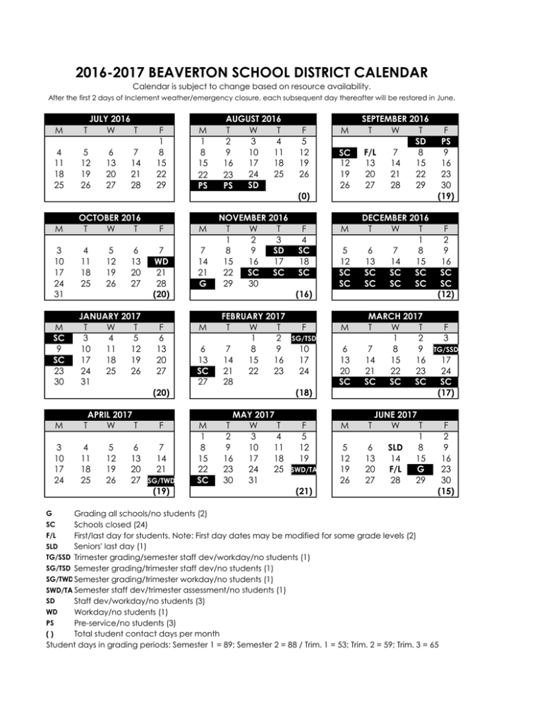 2016 2017 Beaverton School District Calendar
