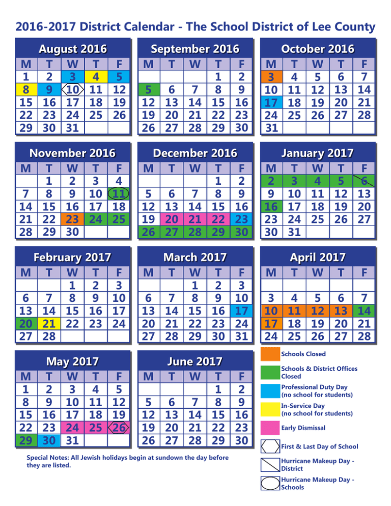 16 17 District Calendar The School District Of Lee County
