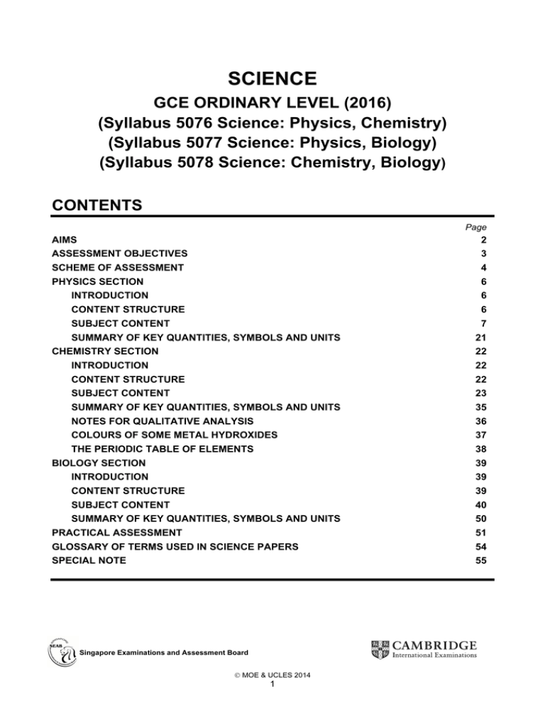 5076 Science O Level Syllabus For 2016