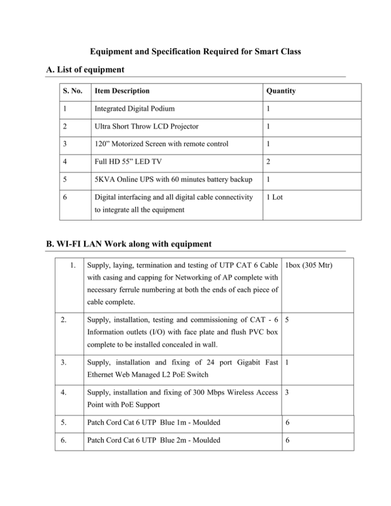 Equipment And Specification Required For Smart Class