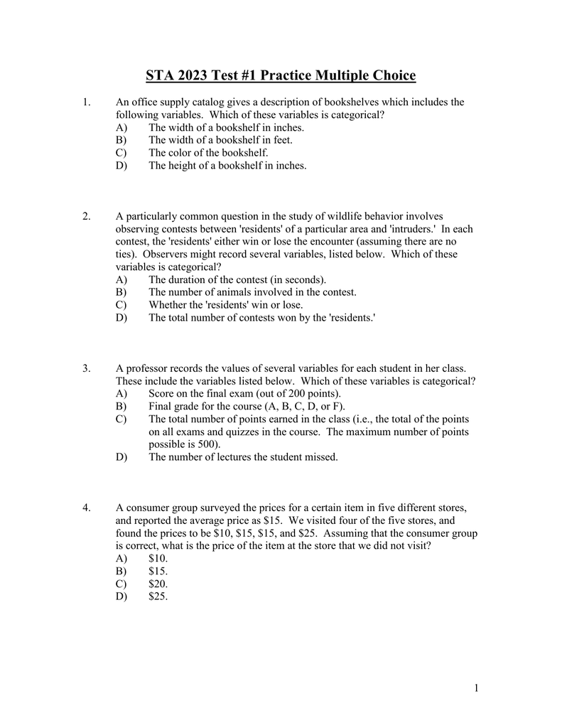 STA 2023 Test #1 Practice Multiple Choice