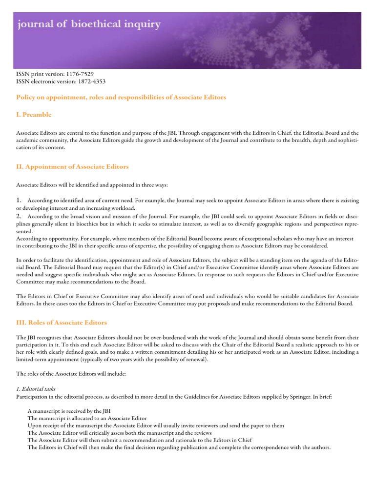 Policy Which Guides Our Appointment Of Associate Editors