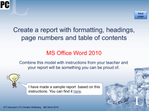 Create a report with formatting, headings, page numbers and table