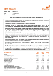 BHP BILLITON RESULTS FOR THE YEAR ENDED 30 JUNE 2016