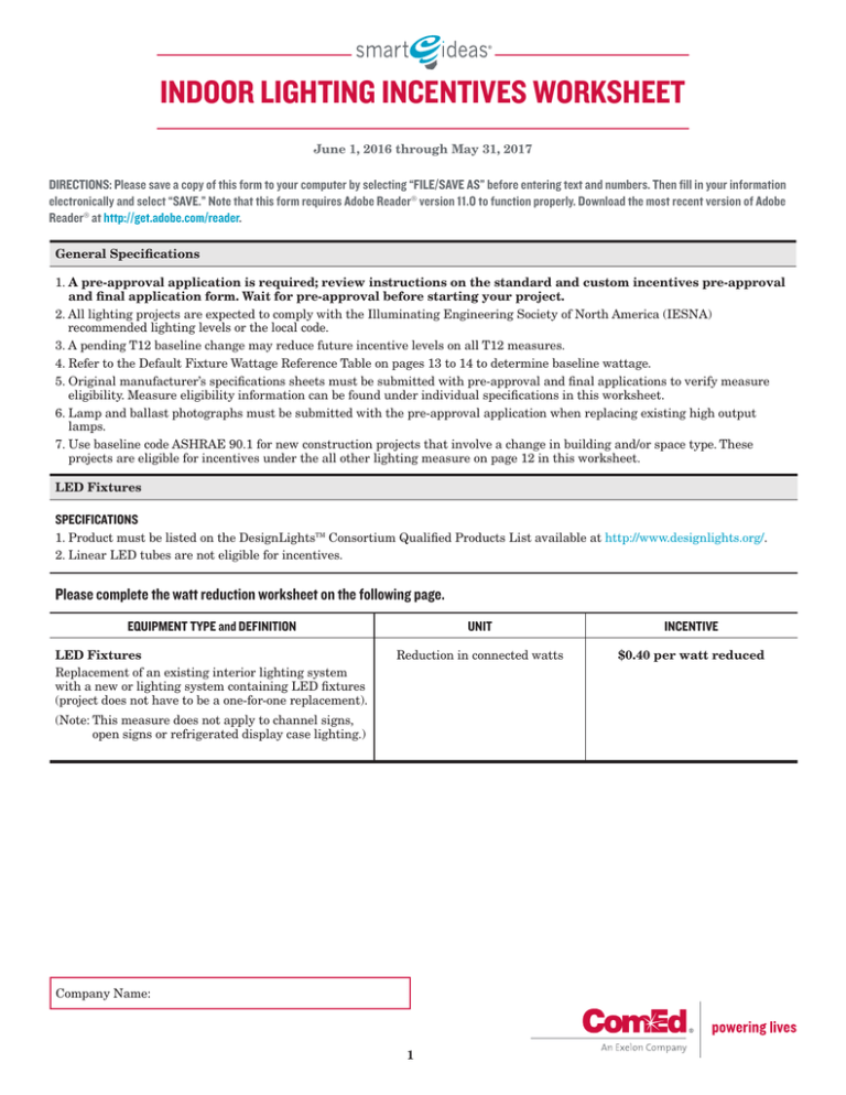 Indoor Lighting Incentives Worksheet