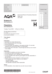 GCSE Chemistry Question paper Unit 01 - Chemistry June 2015