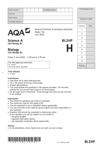 GCSE Biology Question paper Unit 01 - Biology June 2015