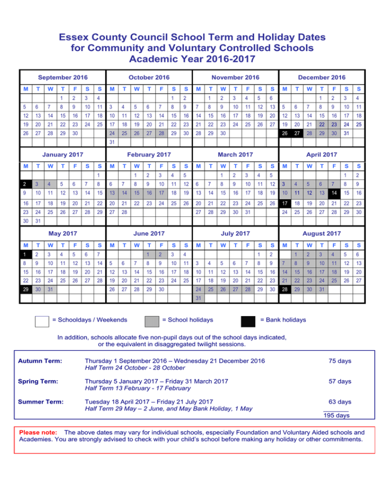 Term Dates 2016 Essex County Council
